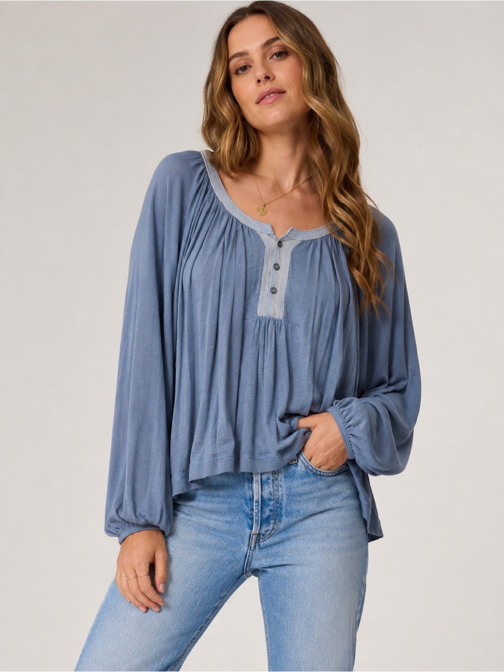 We The Free Free People Blue Boho Peasant Top Balloon Sleeve Medium oversized
